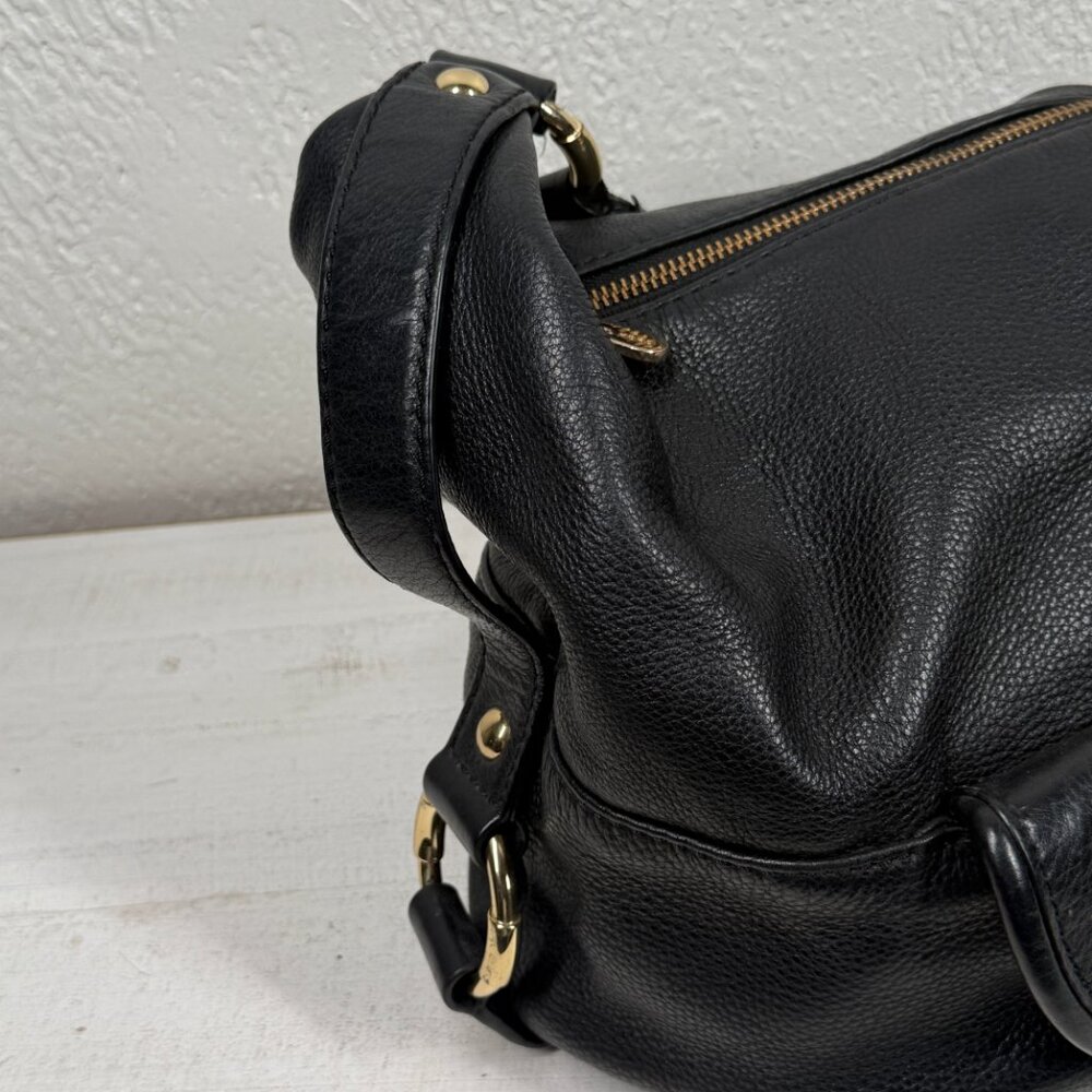 Michael Kors Black Leather Hobo Shoulder Bag Gold MK Logo Zip Top Medium - Picture 9 of 15